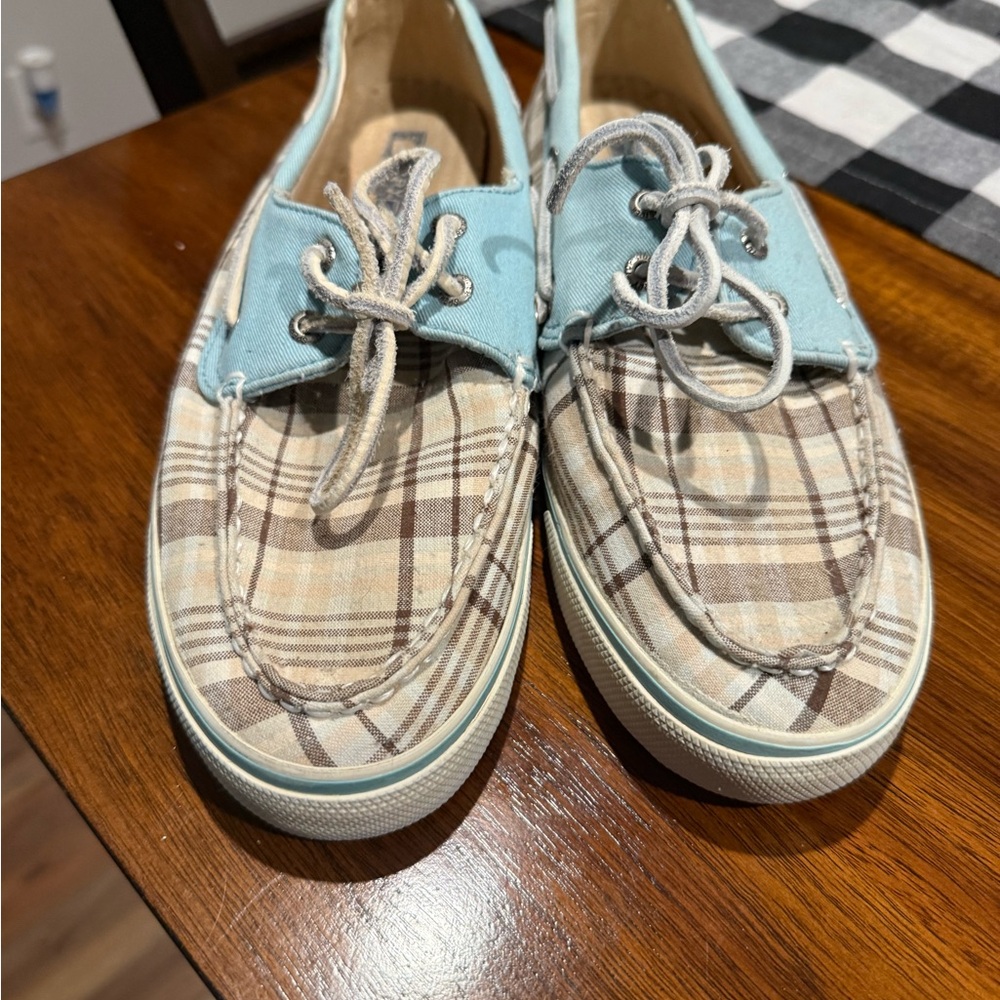 Sperry Plaid Boat Shoes with Light Blue Trim